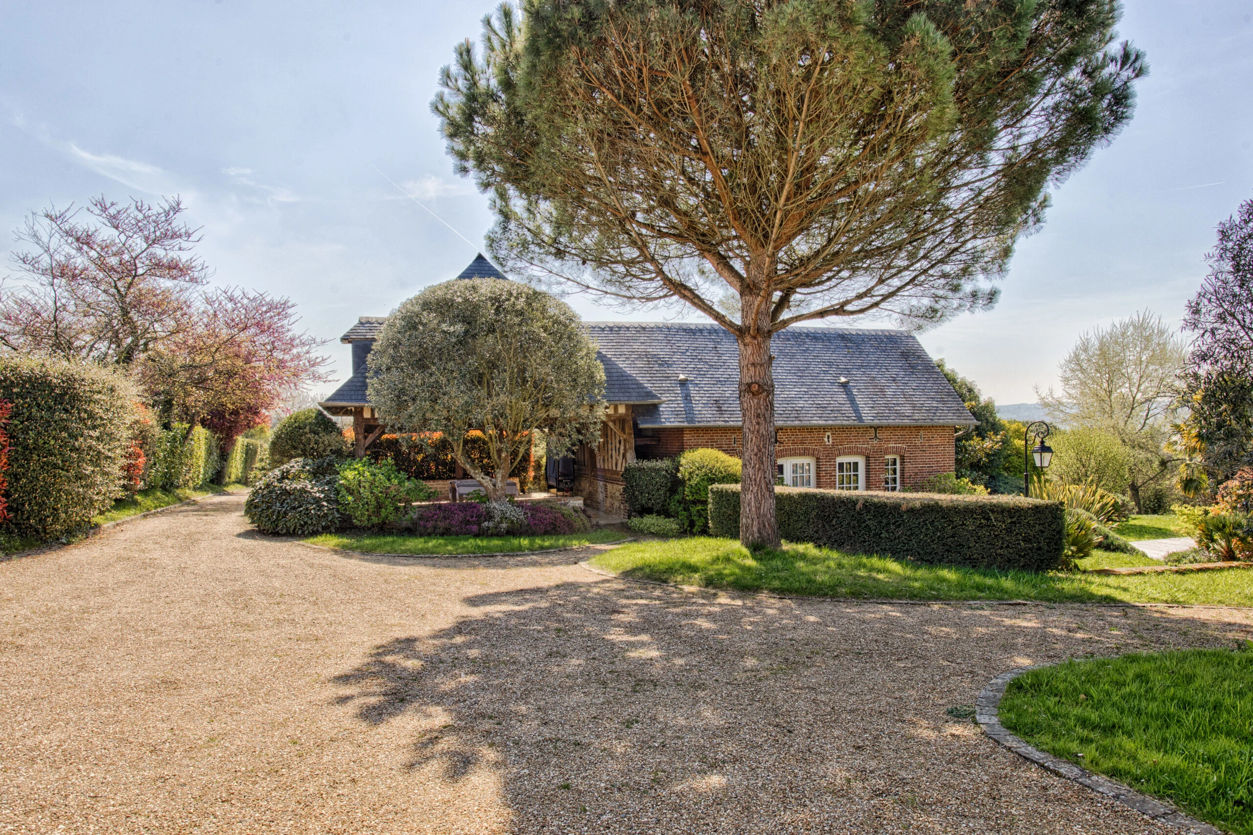 Chemin d’accès verdoyant et arboré – Villa Constantin Chemin d’accès privé bordé d’arbres et de haies fleuries menant à la Villa Constantin