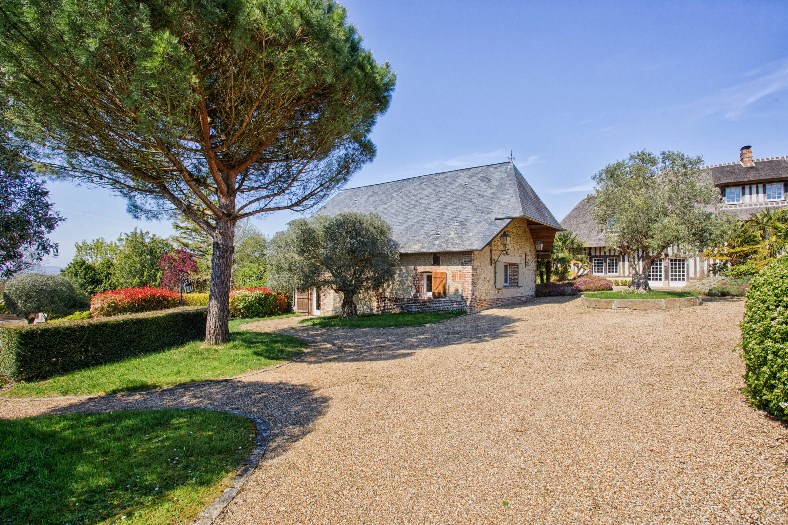 Entrée bordée d’arbres et allée gravillonnée – Villa Constantin Entrée de la propriété avec arbre majestueux et vue sur la maison d’amis à la Villa Constantin