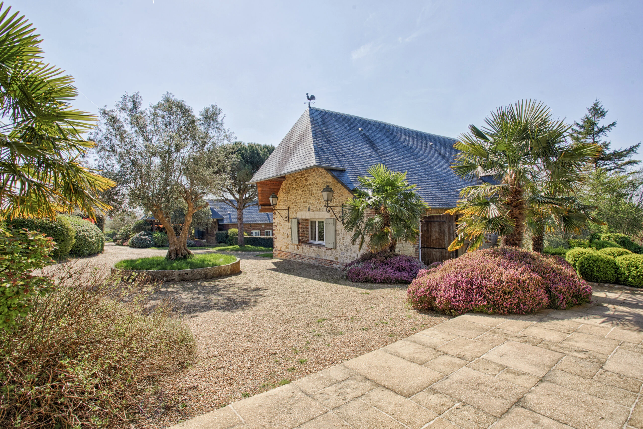 Jardin méditerranéen autour de la maison d’amis – Villa Constantin Vue sur la maison d’amis entourée de palmiers et massifs fleuris à la Villa Constantin