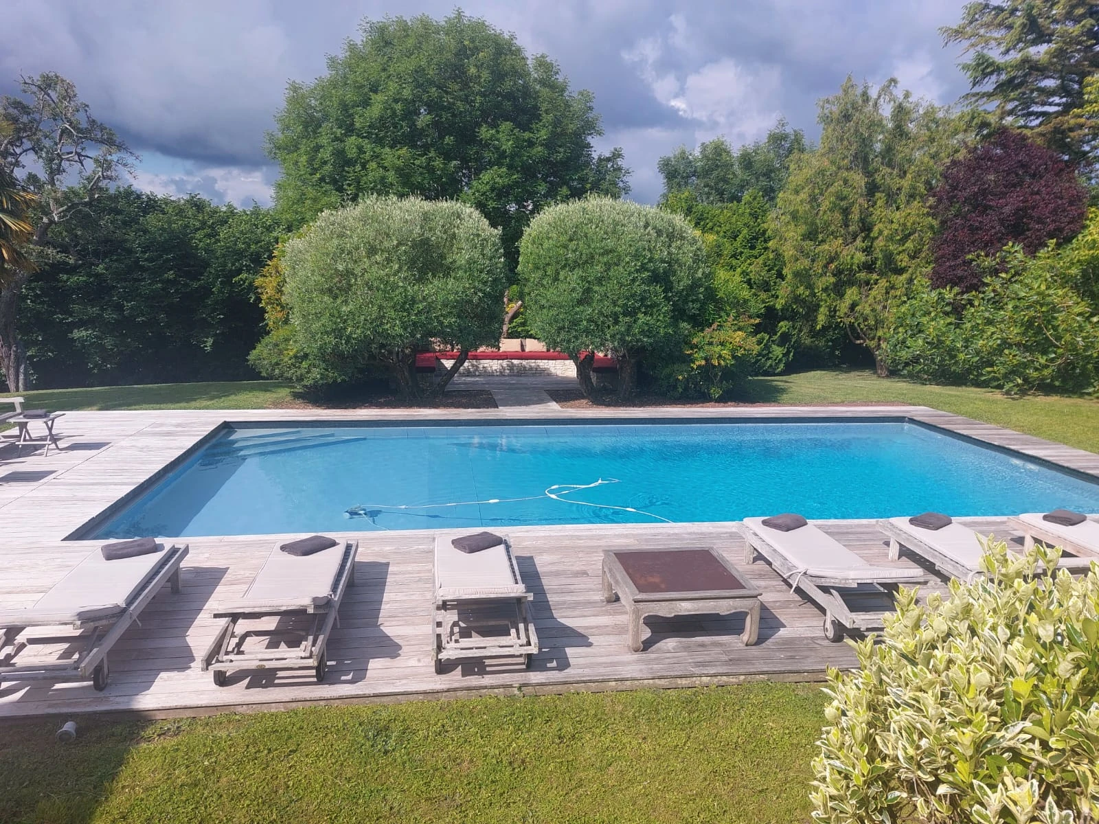 Piscine et transats au cœur d’un jardin arboré – Villa Constantin Grande piscine extérieure entourée de transats et d’arbres dans un cadre verdoyant à la Villa Constantin